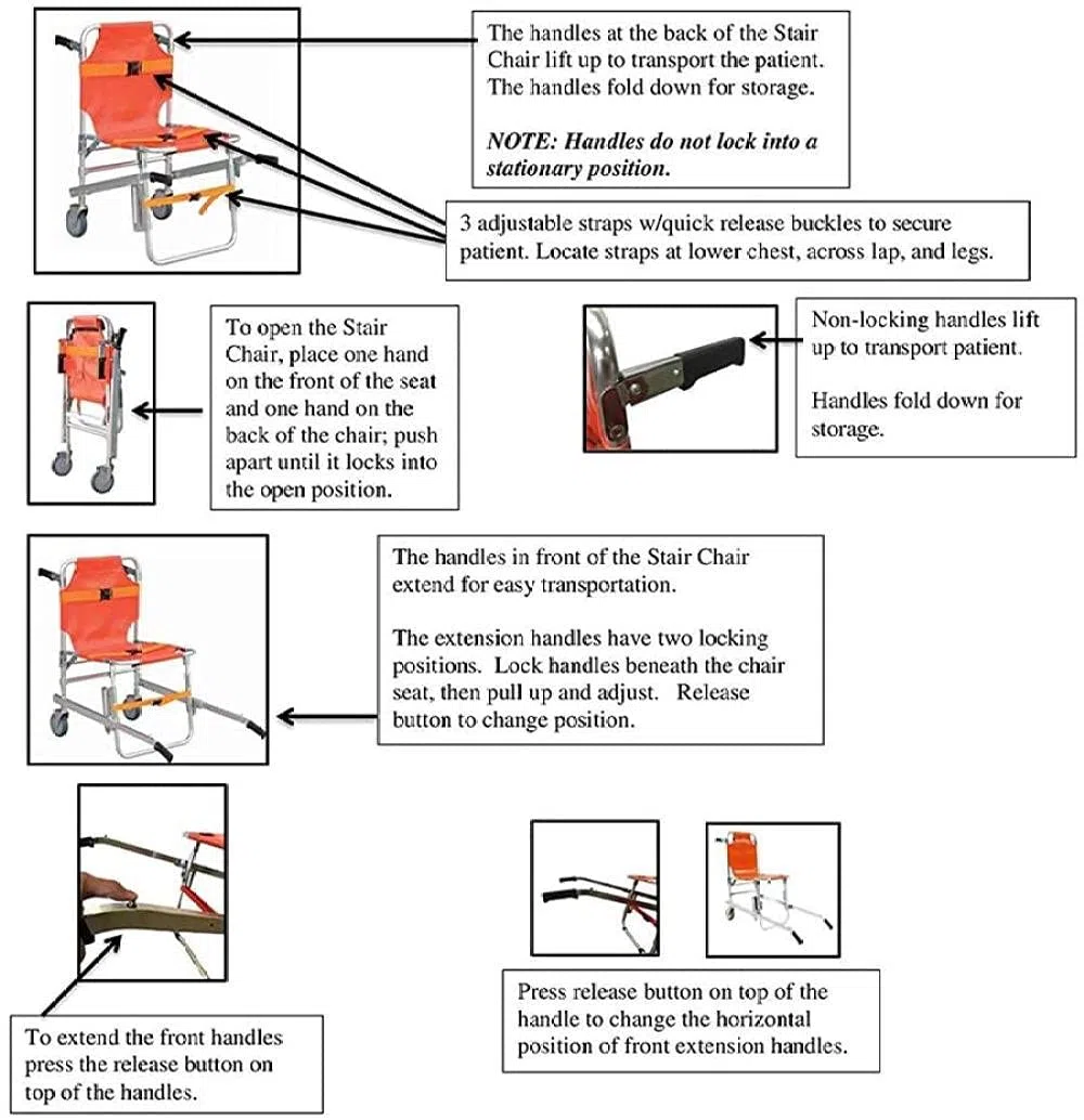 Chaise d'escalier légère en aluminium avec boucles à dégagement rapide – Ascenseur médical pour évacuer les pompiers ambulanciers, couleur orange