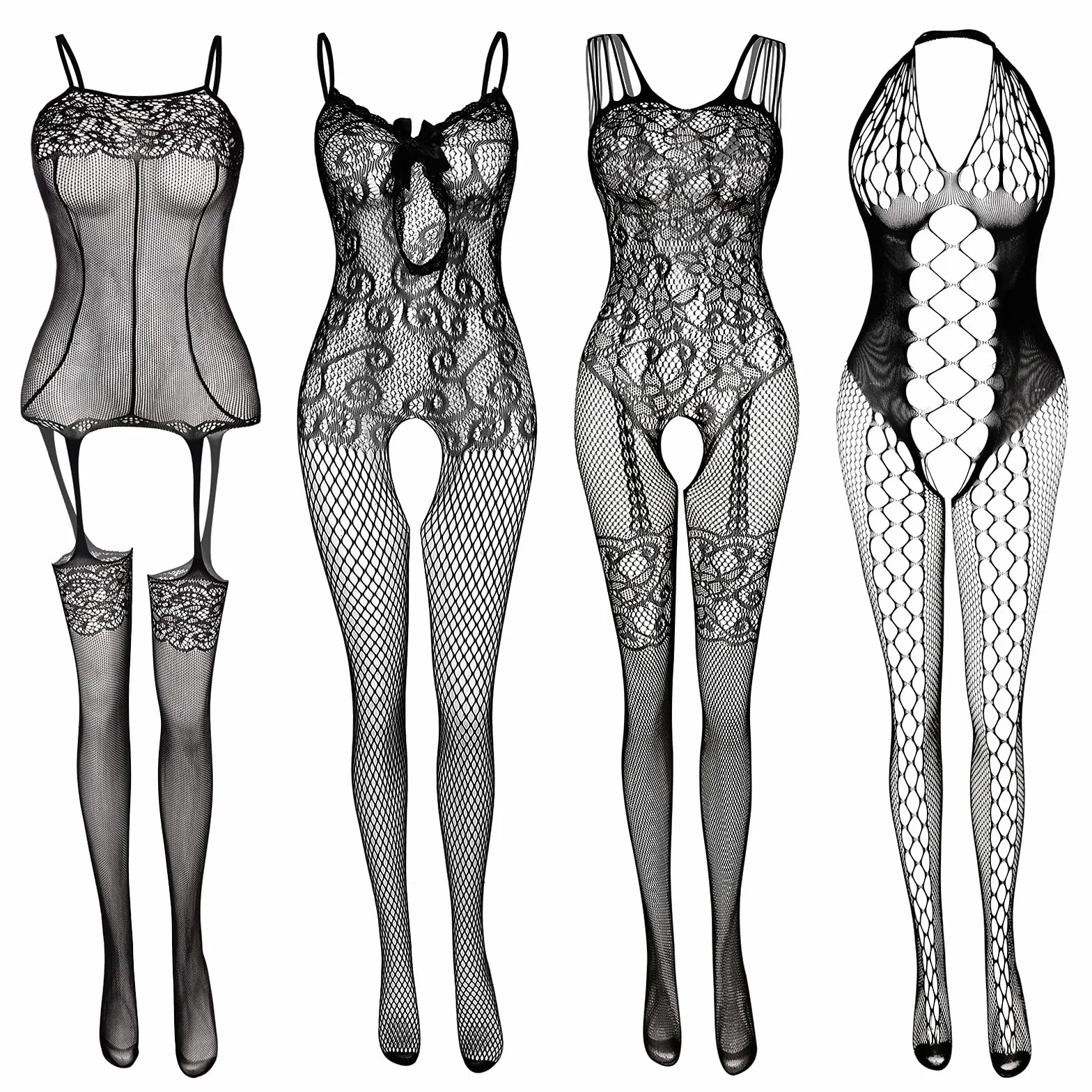 JDiction Lingerie en résille Pour Femmes Longue Combinaison en Maille Bas en Dentelle Sexy Babydoll Nightwear for Romantic Date Wearing(4 Pcs)