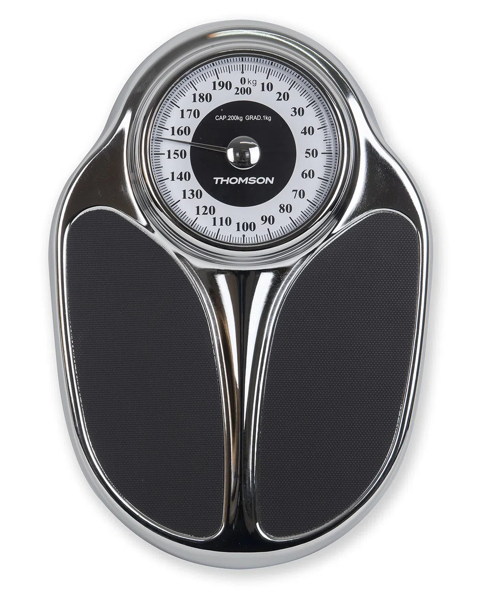 THOMSON Trad Mass Balance Pèse Personne Mécanique jusqu'à 200kg Large Plateau Antidérapant Lisibilité Optimale Style Vintage Finition Chrome sans Pile