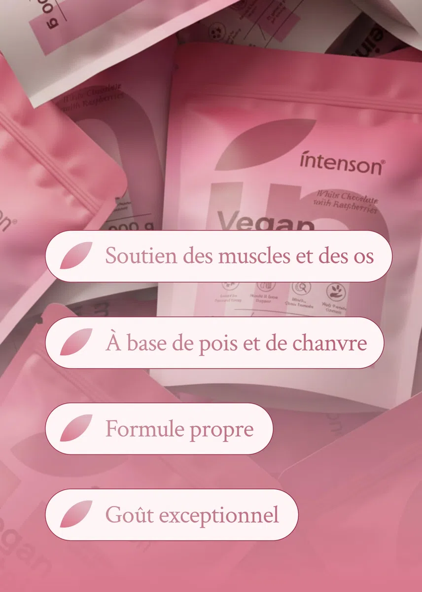 Intenson Vegan Protein Powder Chocolat Blanc Framboise, 900 g, 21 g de Protéines par Portion, 30 Portions, Mélange Pois & Chanvre, 100% Végétal, Sans Lactose, Sans Gluten, Sans Sucre, Formule Clean