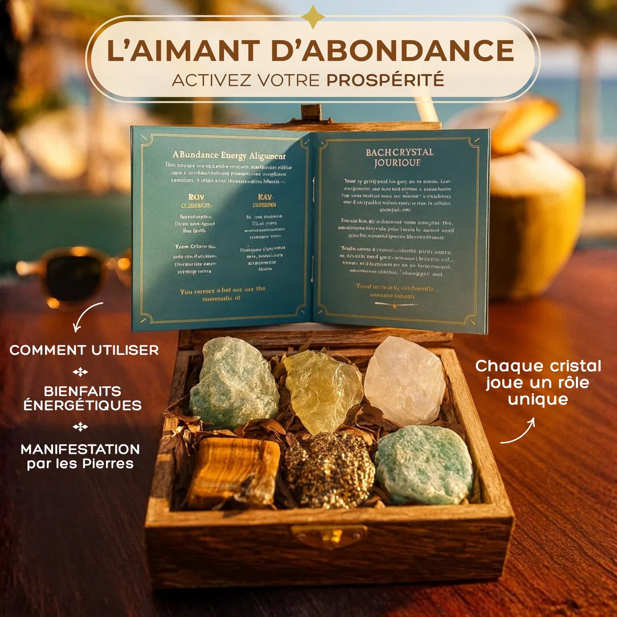 ANIMA Coffret en Pierres Précieuses d’Abondance pour Prospérité, Chance & Succès – Cristaux Naturels Bruts: Citrine, Pyrite, Œil de Tigre, Aventurine, Amazonite & Quartz Clair – Boîte Cadeau en Bois
