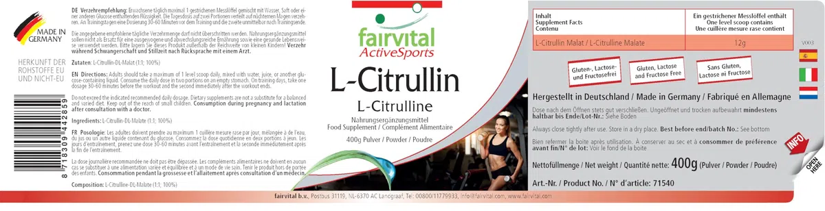 fairvital L-citrulline malate en poudre, 400 g, HAUTEMENT DOSÉE, L-citrulline DL-malate, 100% pure sans additifs