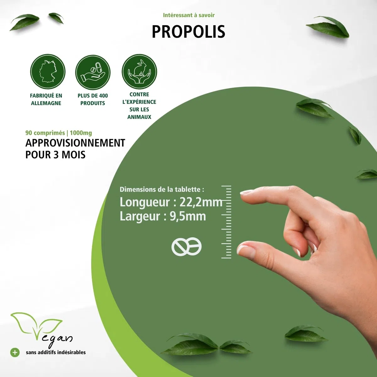 fairvital Propolis d'abeille 1000mg, extrait naturel de résine d'abeille, avec 3% de galangine, HAUTEMENT DOSÉ, 90 comprimés