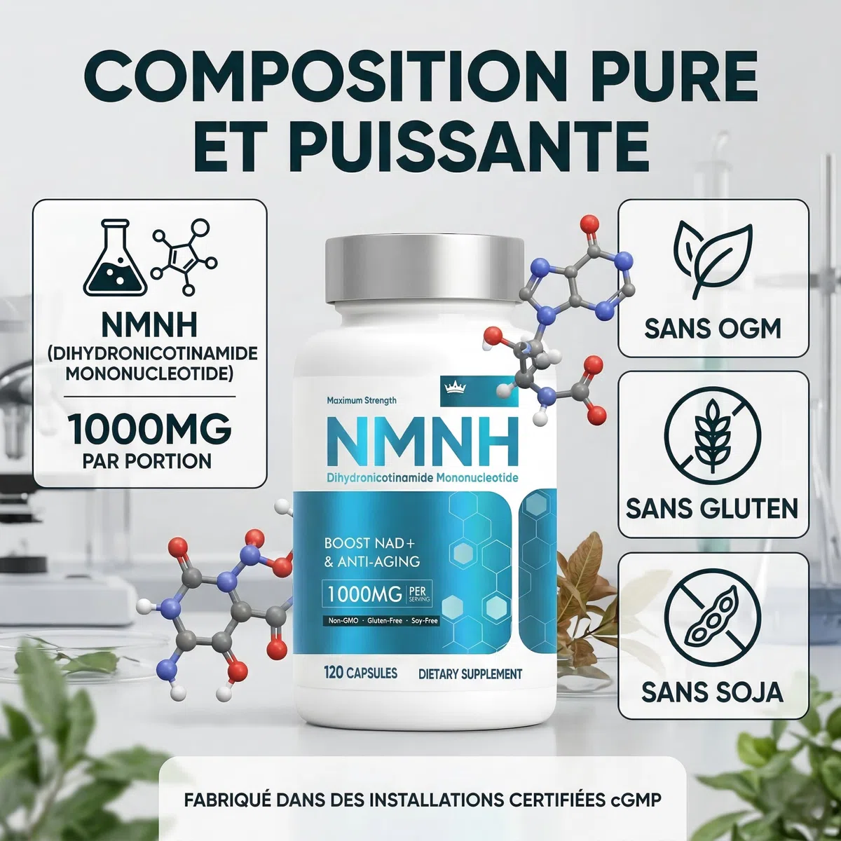 NMNH 1000mg Par Portion, Anti Âge Et Énergie Cellulaire, 120 Gélules Resvératrol Supplément NAD+
