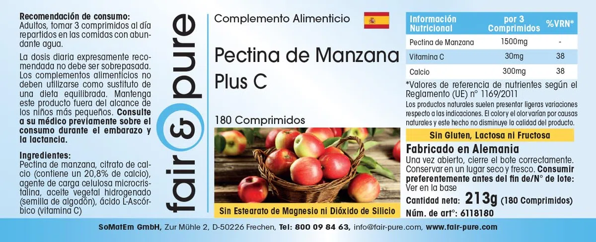 Fair & Pure® - Pectine de Pomme Plus C et calcium - Végan - fibres naturelles - 180 comprimés - emballage pour 2 mois