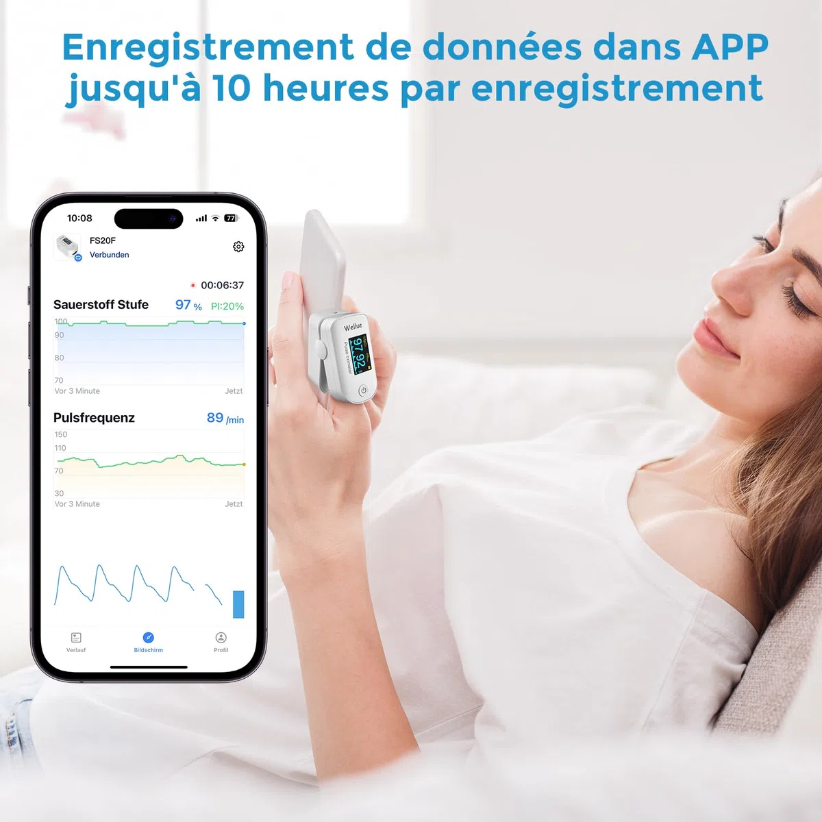 ViATOM Oxymètre de Pouls Bluetooth avec Rapport, Oxymètre de Doigt Saturometre, Moniteur de Fréquence Cardiaque avec Écran LED avec Piles, pour Mesurer Saturation en Oxygène (SpO2, PR et PI), Blaco