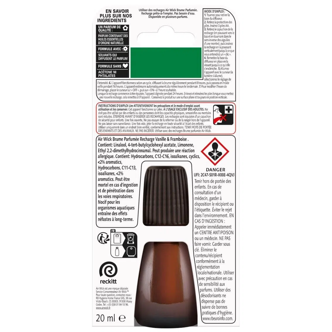 Air Wick Lot de 3 Recharges Diffuseur désodorisant d’Huiles Essentielles Brume Parfumée Vanille et Framboise - 20 ML