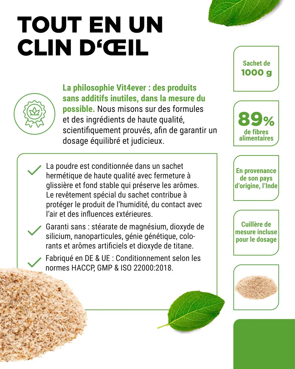 Psyllium Husks 1 kg - 1000 g - Résidus Contrôlés - Pureté 99% - Origine : Inde - Faible Teneur en Glucides - Haute Teneur en Fibres - sans Additifs - Vegan