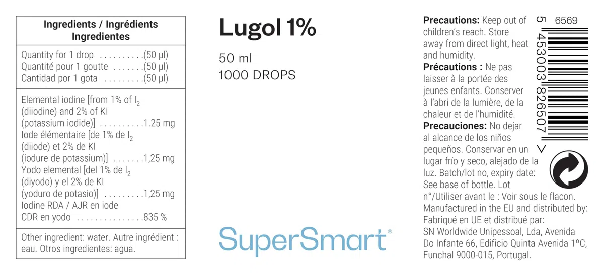 Lugol 1% - Iode en Gouttes - Soutient de la Thyroïde - Nettoie Plaies et Brûlures - Solution iodo-iodurée - 1000 gouttes - SuperSmart
