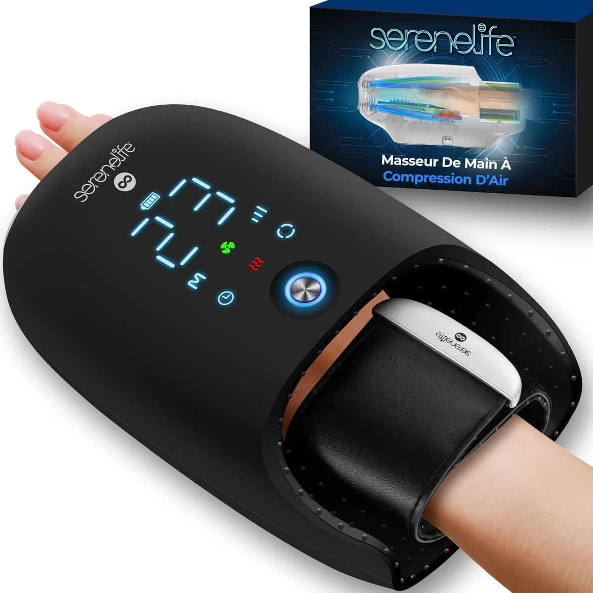 SereneLife Masseur de Main Intelligent avec Chaleur, Compression et Pétrissage, 6 Modes, 6 Niveaux d'Intensité, Masseur Électrique pour Détente des Mains, Réduction du Stress et Soulagement
