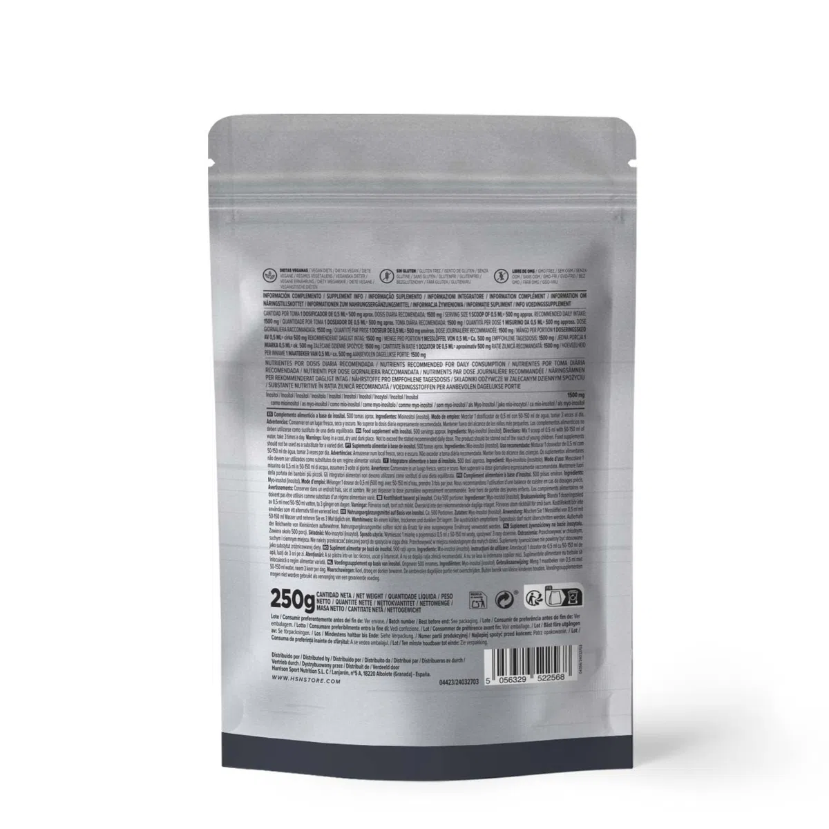 HSN Inositol en poudre (Myo-Inositol) | Sans goût 250 g = 500 portions | 100 % pur myo-inositol sans additifs ni excipients | Dosette non incluse | Sans OGM, Végan, Sans gluten