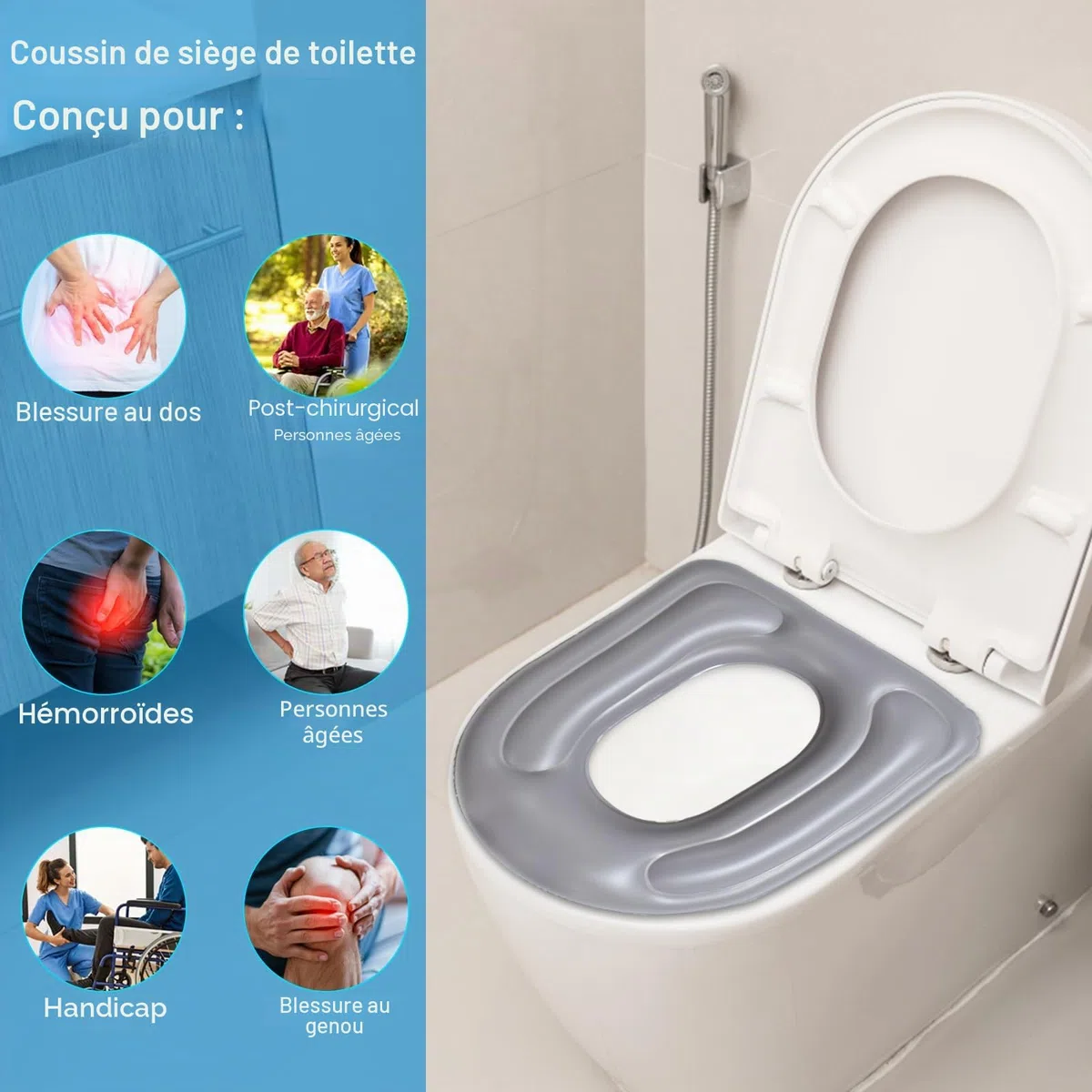 Coussin de Siège de Toilette Gonflable en PVC avec Ventouse, Réglable en Hauteur, Étanche et Confortable, Housse WC pour Adulte, Soulagement du Coccyx, Idéal Voyage et Convalescence