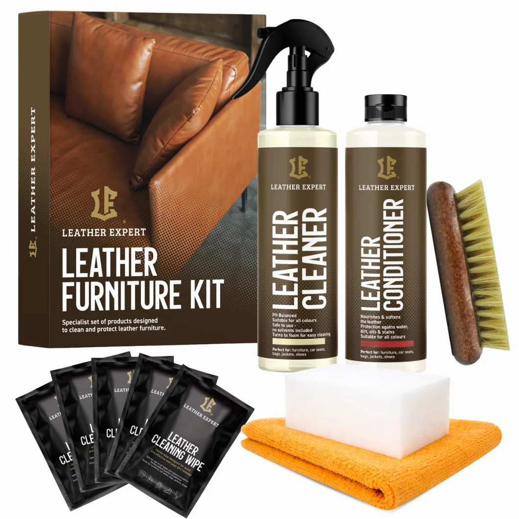 Kit d'entretien pour canapé en cuir - Couleur neutre - Nettoyant pour cuir et cuir - 250 ml - Biodégradable - Soin du cuir pour meubles - Élimine les odeurs désagréables - Avec accessoires