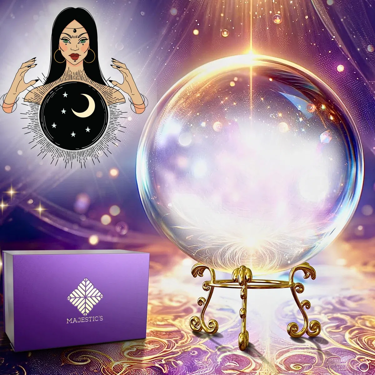 Boule de Cristal Voyance 8 cm & Son Support en Métal + Boîte – Parfaite pour Cristallomancie, Divination, Medium [Garantie A Vie]