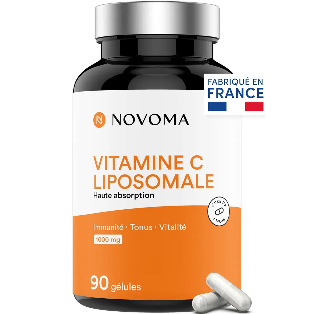 NOVOMA Vitamine C liposomale 1000mg, Assimilation Maximale, 90 gélules végétales, 100% Vitamin Quali®-C, Système Immunitaire & Énergie Naturelle, Cure de 1 mois, Fabriqué en France