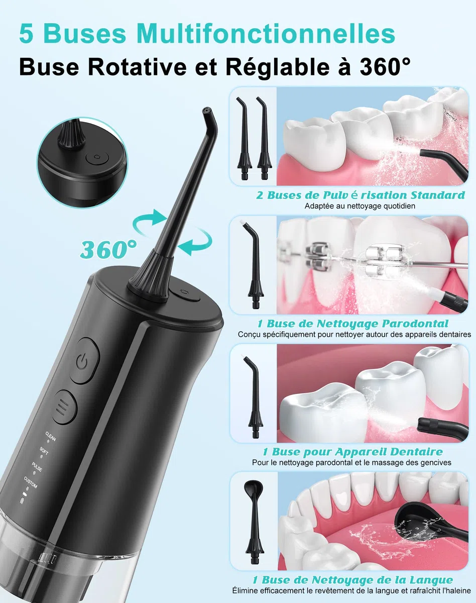 Jet Dentaire Hydropulseur Portable DIY, Hydropulseurs et Irrigateurs 5 Modes et 3 Intensités, Réservoir 300ML et Base Amovible, USB Chargé, Étanche IPX7, Sans BPA, Silencieux (Noir-01)