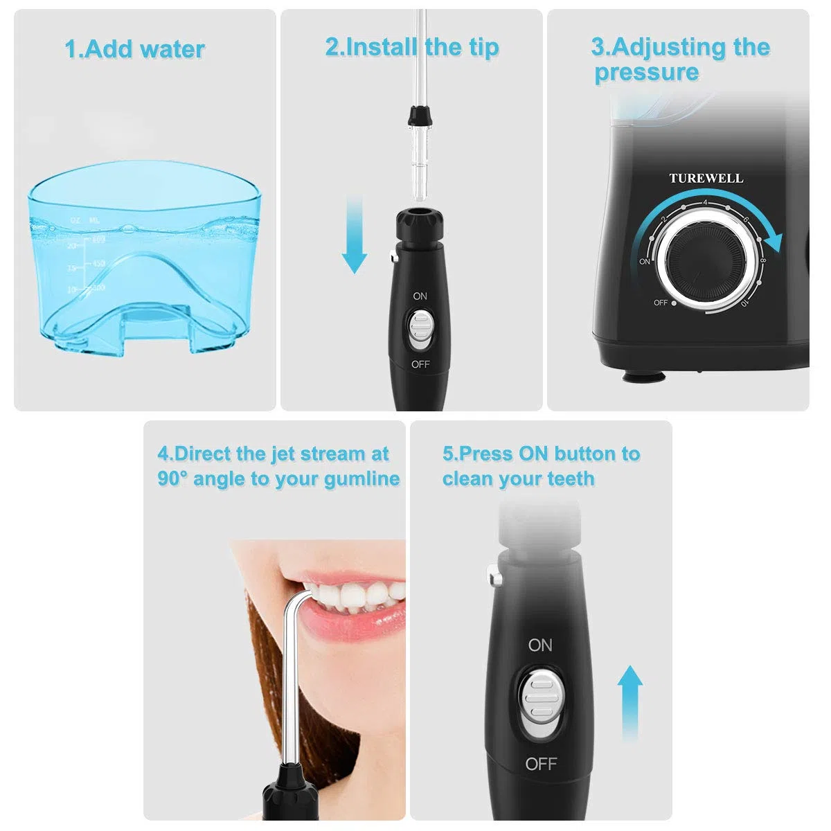 TUREWELL Hydropulseur Jet Dentaire avec 8 buses multifonctions, capacité de 600ml, 10 réglages de pression d'eau, approuvé FDA/CE Irrigateur Oral professionnel (Noir)