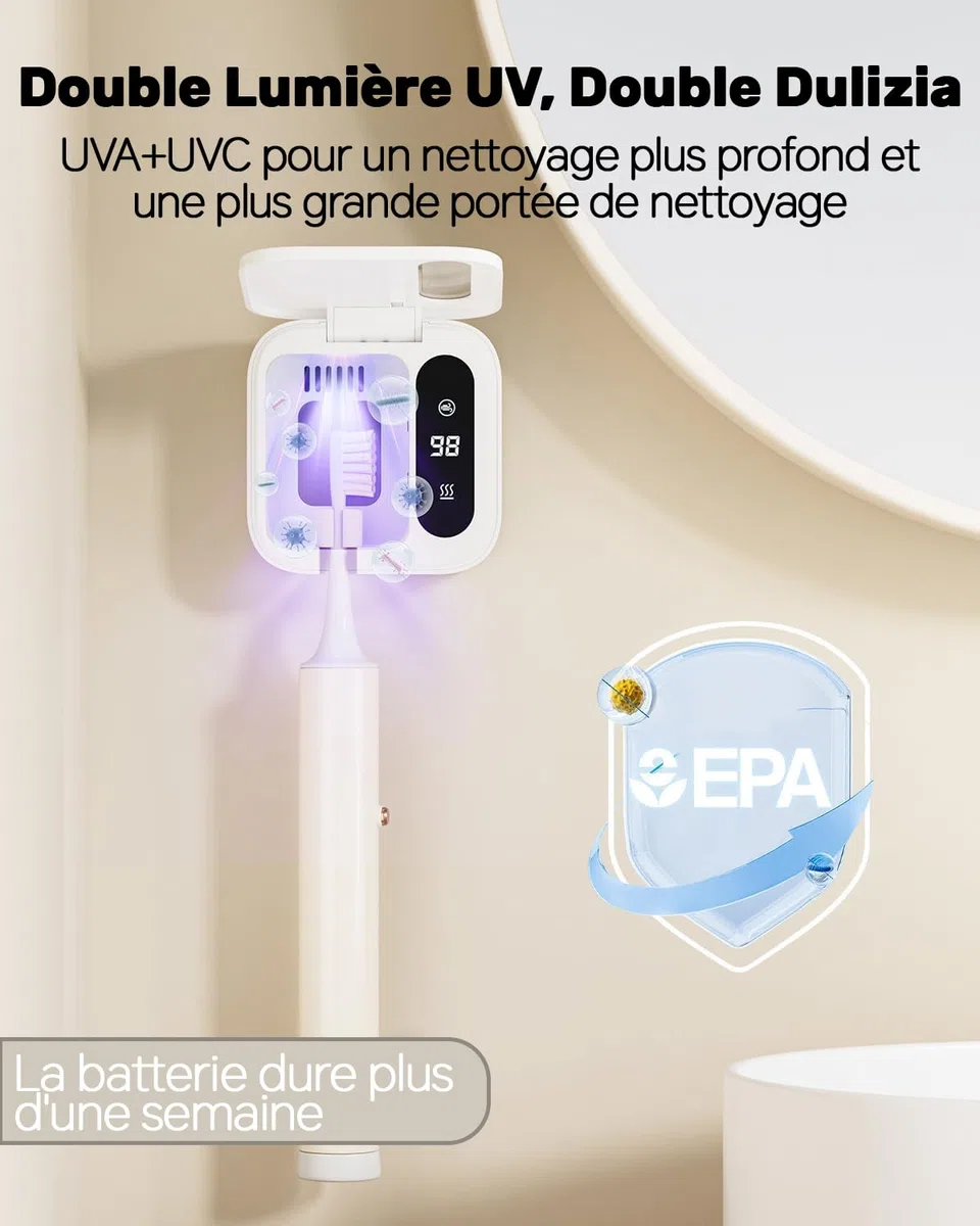 Stérilisateur de Brosses à Dents Double UV-C et UV-A, Support de Brosse à Dents Mural avec Fonction de Sèchage par Air, Idéal pour Salle de Bain, Usage Personnel et Voyage (Blanc1)