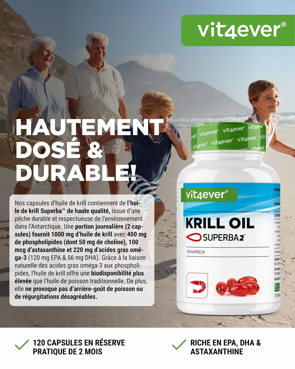 Huile de Krill - 120 Capsules - Premium : Huile de Krill de l'Antarctique Superba - Riche en EPA + DHA + Astaxanthine + Phospholipides + Acides Gras Oméga 3 - De Culture Durable