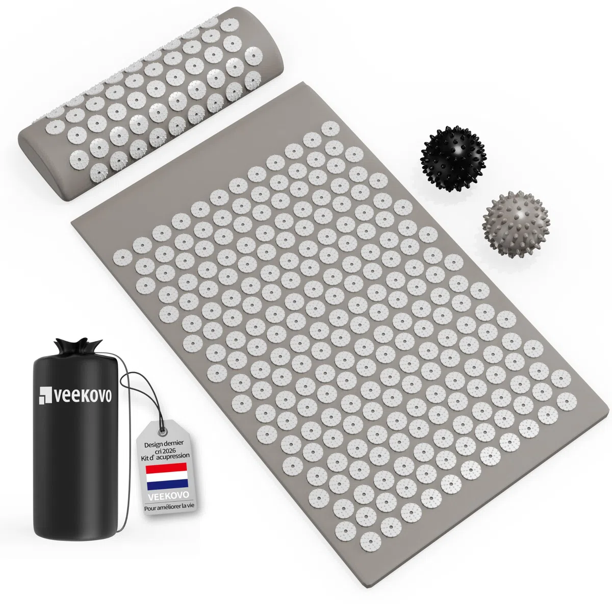 Kit d'acupression, Tapis d'Acupression + Coussin + Boule de Massage, Mal De Dos - Relaxation et Traitement de la Douleur, Soulage douleurs Dos et Cou (Gris)