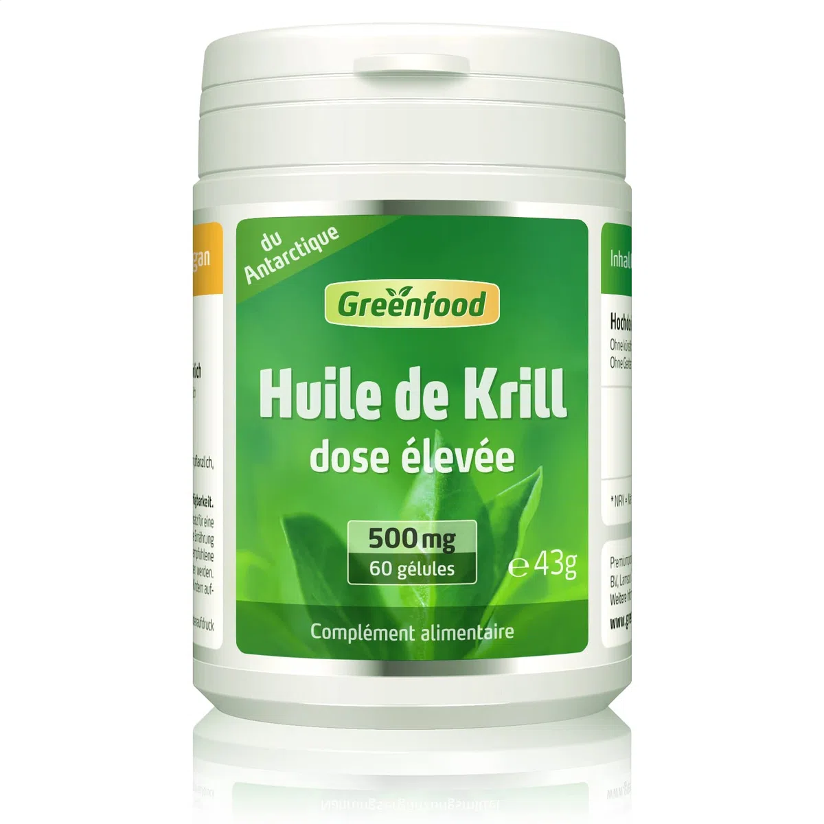 Greenfood Huile de krill, 500 mg, 60 gélules, dose élevée - pour un coeur et fonction cérébrale. Sans additifs artificiels. Sans génie génétique.