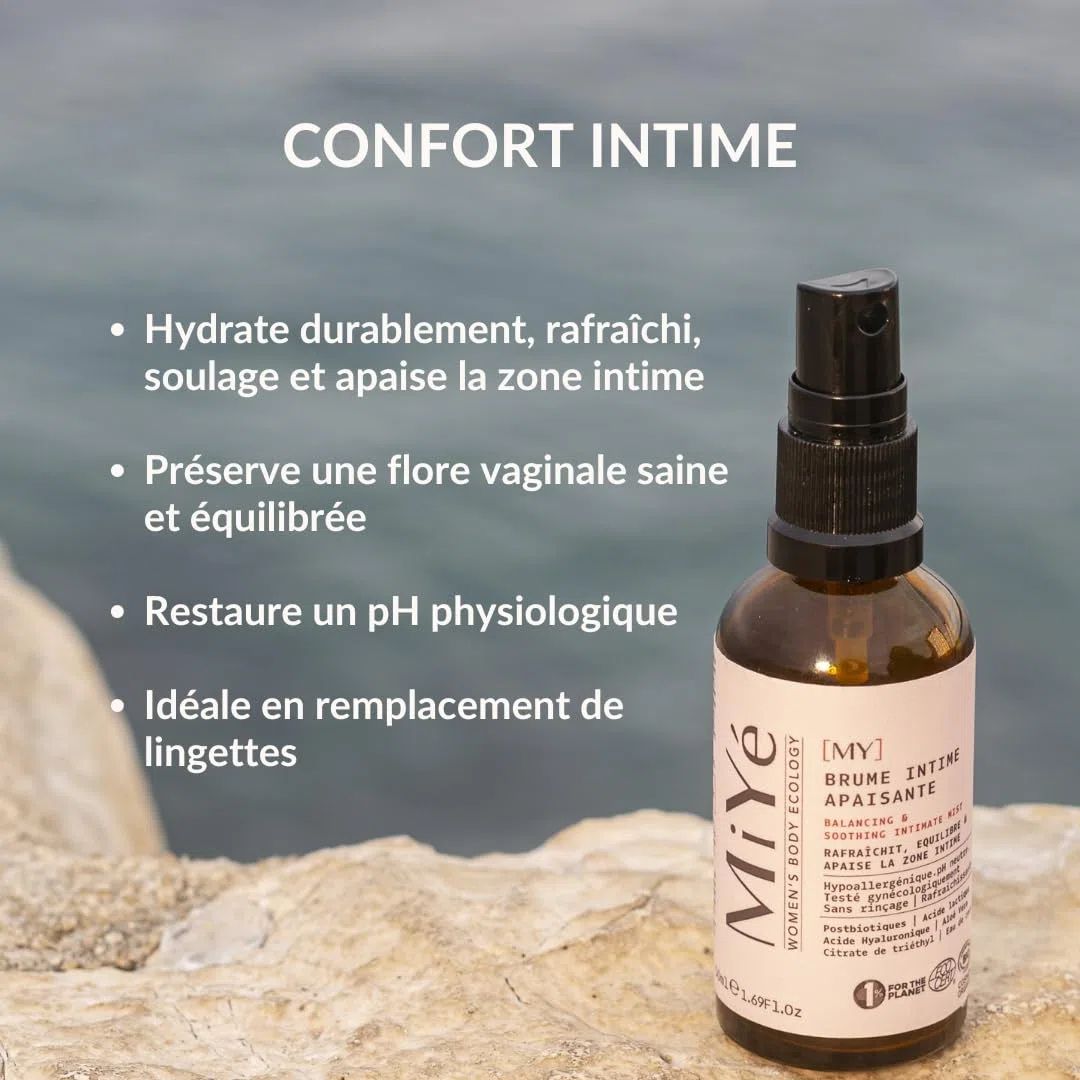 Brume intime apaisante BIO | Probiotique flore intime, acide hyaluronique & acide lactique | Hydrate rééquilibre & anti odeur | 30 ml, MiYé