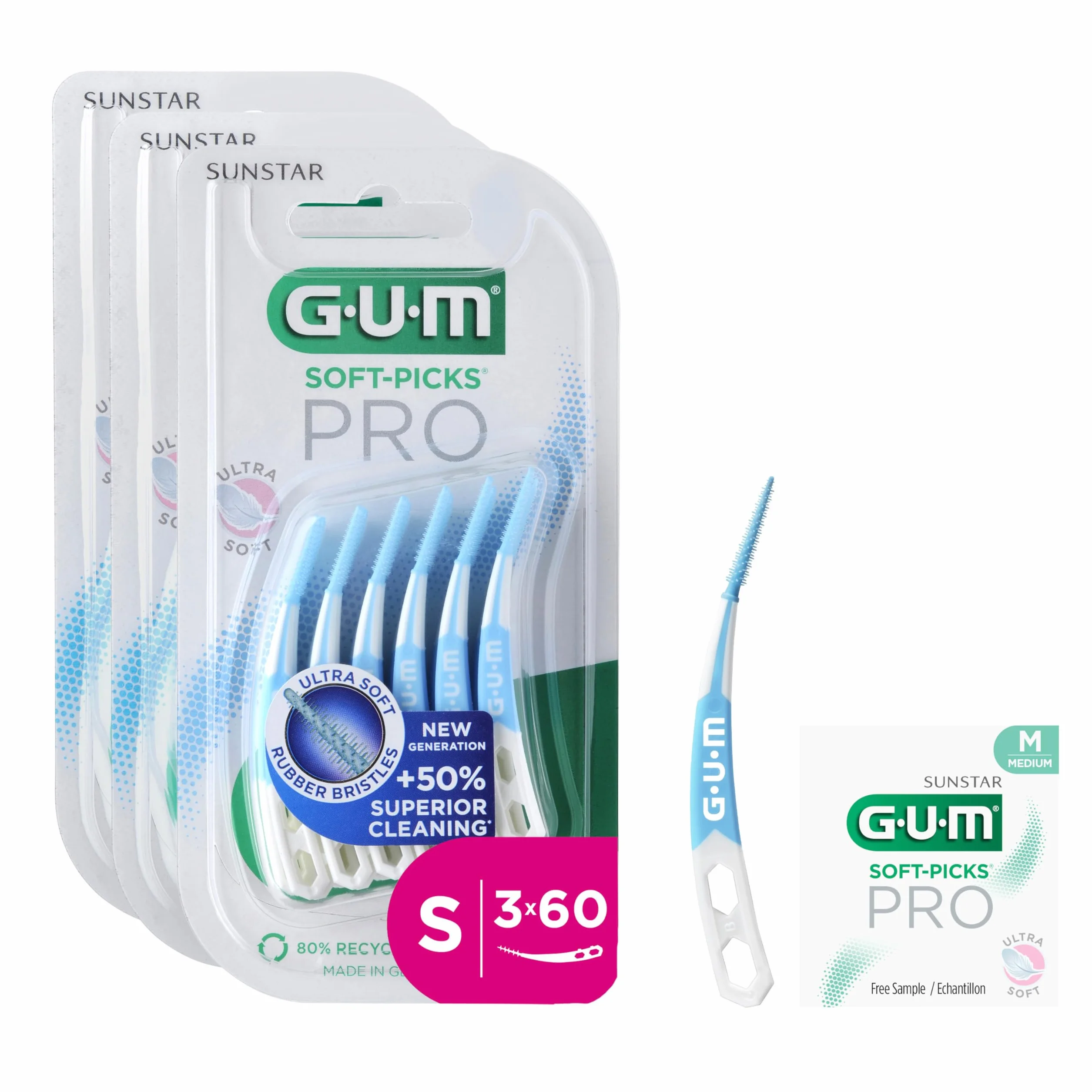 Bâtonnets interdentaires GUM SOFT-PICKS PRO | forme incurvée pour un accès facile aux zones difficiles d'accès | action douce pour les gencives sensibles | [S - 3x60] (+1 bonus offert)