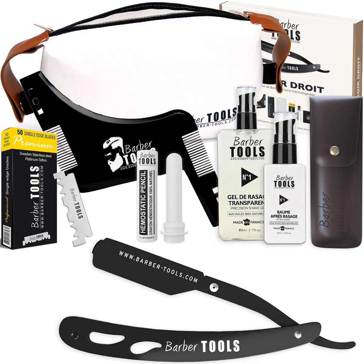 Kit Rasoir barbe homme/coupe choux barbe - avec 50 Lames Simples + Peigne guide + Gel de rasage transparent 80ml + Après rasage 30ml + Stick d'alun + Grand sac -NOIR- BARBER TOOLS