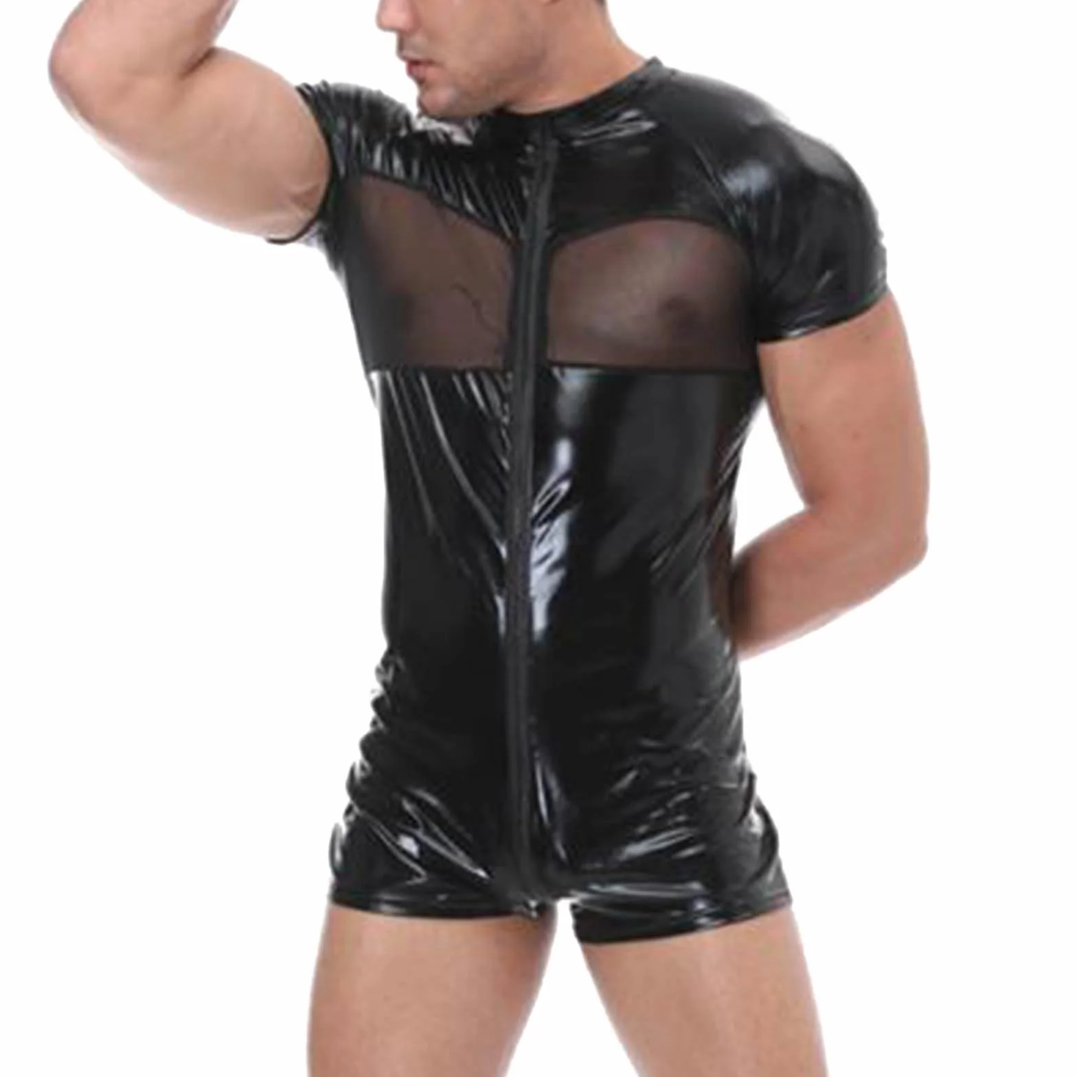 Latex Tenue Techno pour homme - Effet mouillé - Maillot de corps en cuir - T-shirt en maille - Clubwear - Débardeur - Coupe ajustée - Chemise en cuir - Lingerie pour homme