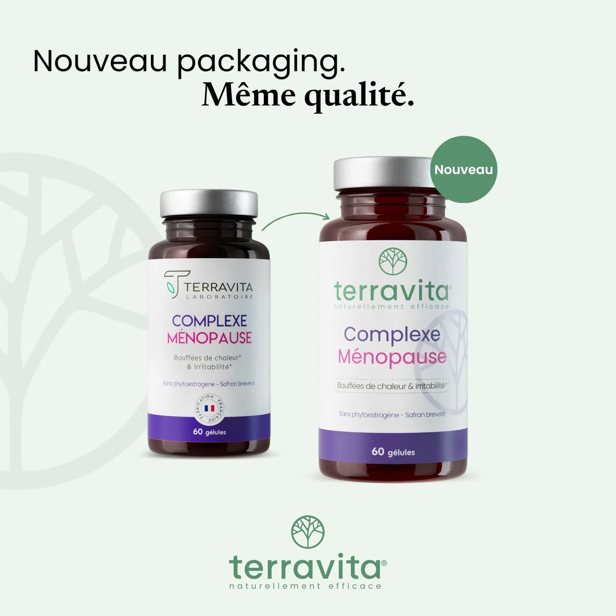 Complexe Ménopause | Sans Hormones | Avec Pollen et Safran Breveté | Bouffées de Chaleur, Fatigue, Stress et Variations d’Humeur | 60 Gélules | Made in France | Terravita