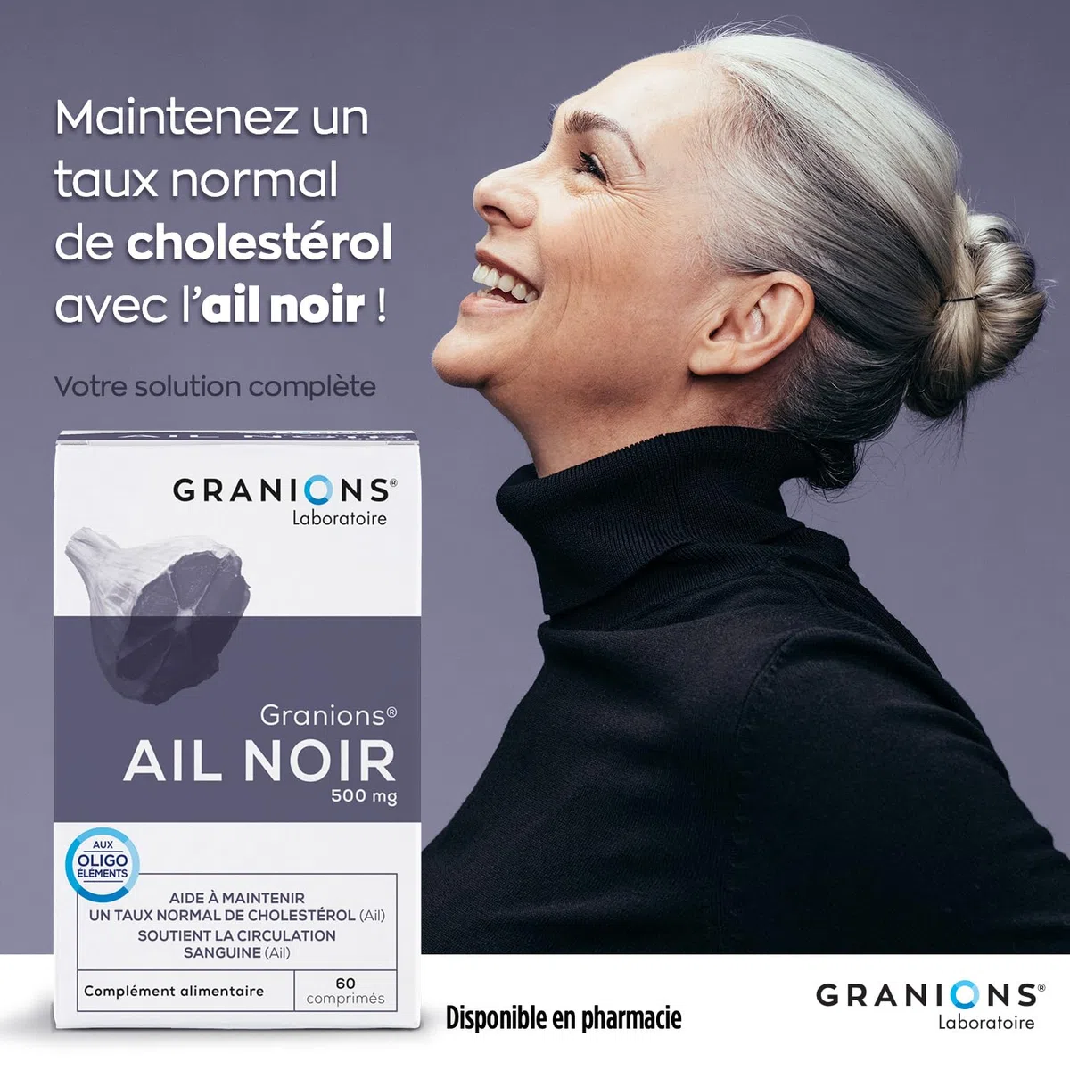 Ail Noir fermenté GRANIONS | Complement Alimentaire cholestérol | Riche en Ail noir fermenté 500 mg avec Selenium + Chrome | Anti cholesterol naturel | Made in France | 60 comprimés