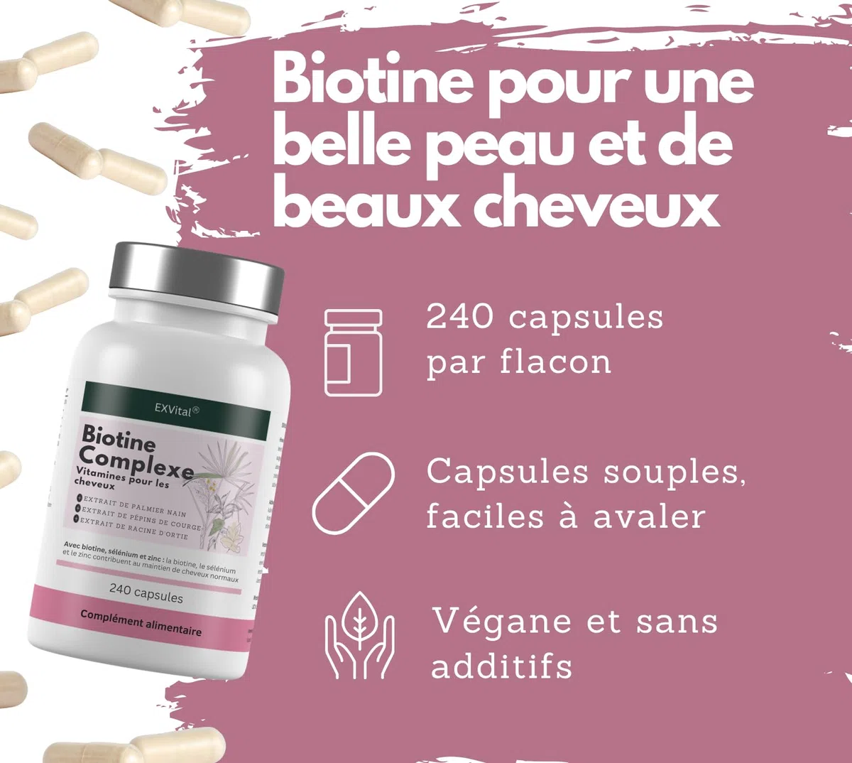 EXVital Biotine Complexe, Vitamines pour les cheveux, Avec extraits de palmier nain, de pépins de courge et de racine d’ortie, 240 capsules véganes, enrichies en sélénium et zinc, testé en laboratoire
