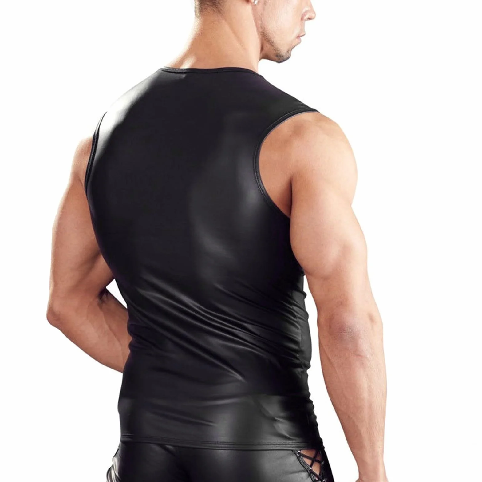 Latex Similaire Swinger-Club Kinkywear Débardeur Slim Fit Wetlook Top Maillot de corps en cuir verni Manches courtes Tenue Kinky Chemise en maille Chemise en maille Clubwear Techno Tenue pour hommes