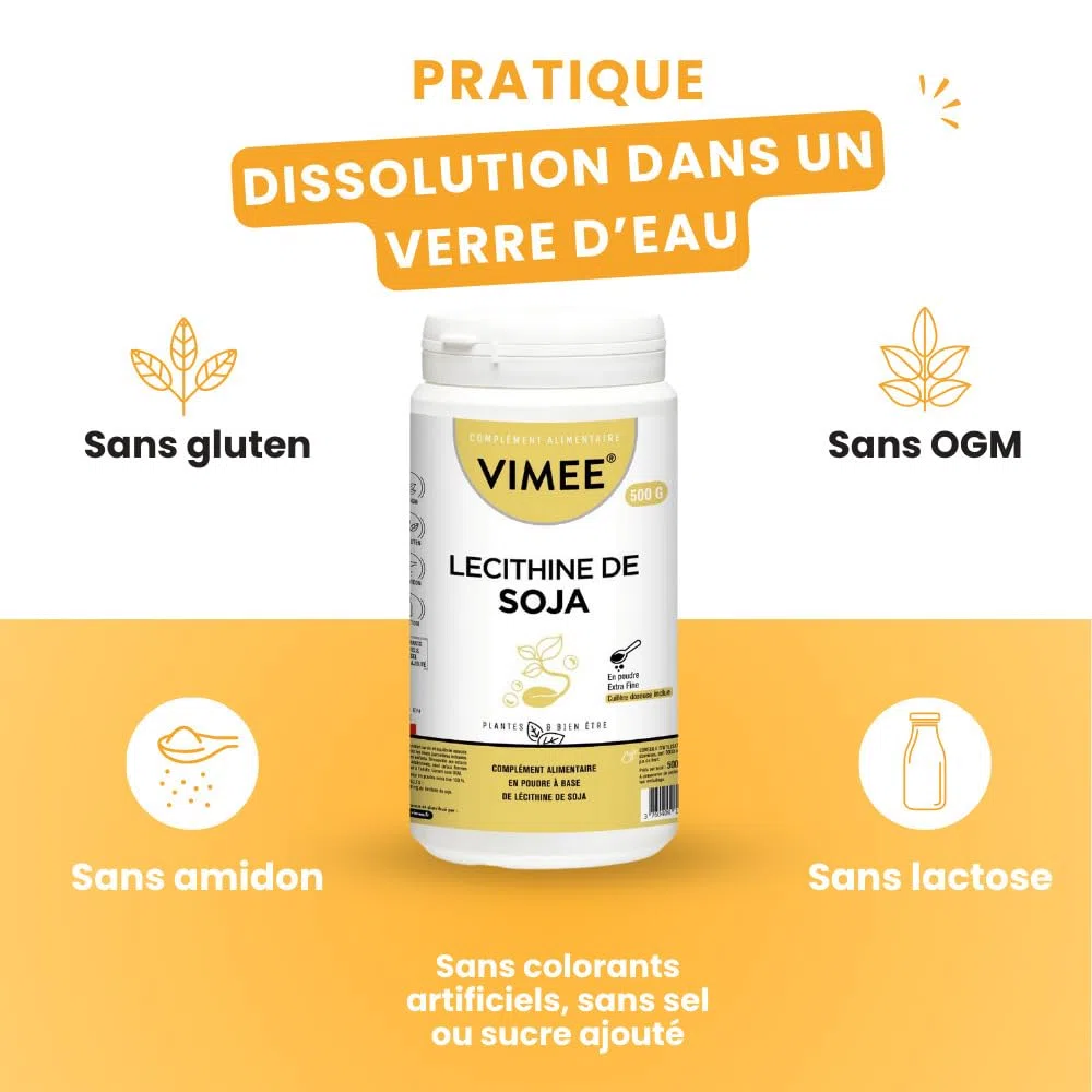 Lécithine de Soja en Poudre Vimee - Complément et Additif Alimentaire à Base de Phospholipides de Soja - Foie, Cerveau - 500 G - 500 Jours