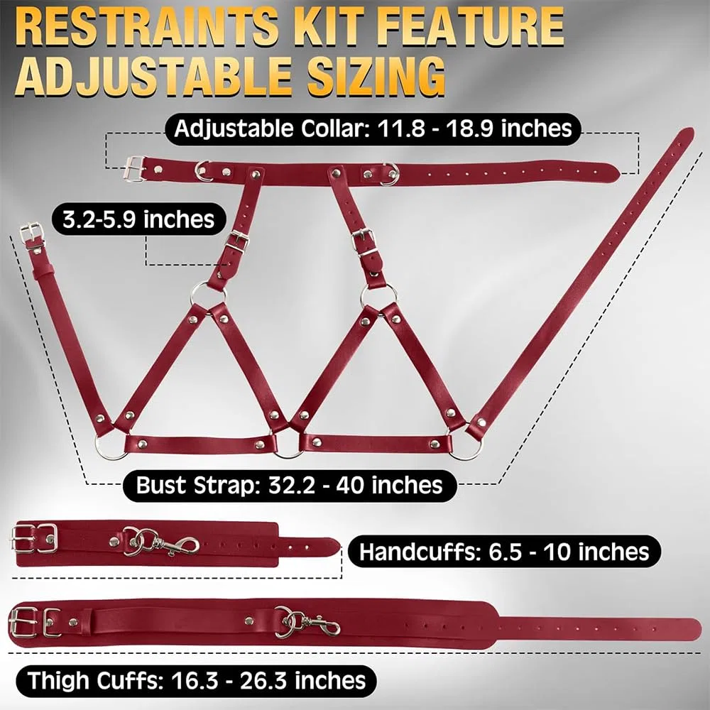 Écharpe de bondage de poitrine de yoga, harnais de cuisse en cuir du cou à la cuisse, menottes de poignet et de cuisse, jeu de couple pour femmes et jouets de couple (rouge)