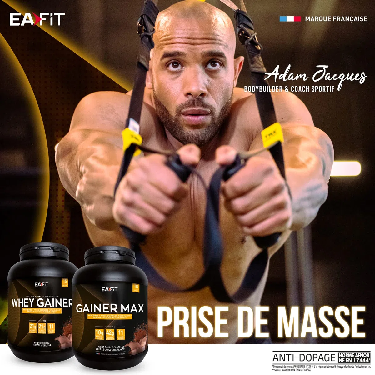 WHEY GAINER - EAFIT - Prise de masse musculaire et apport calorique - 22g de proteines de Whey + 22g de glucides + 11vitamines par shaker - Vanille 750g - Idéal pour le sport tel que la musculation