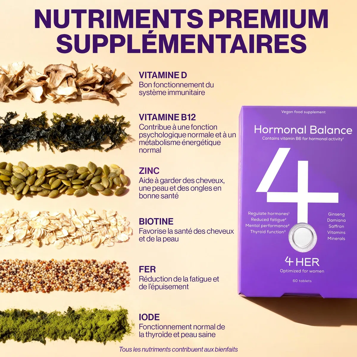 4 HER Périménopause Compléments et Vitamines Femme – Équilibre Hormonal, Safran et Ginseng – avec Vitamine B6 pour Fatigue & Activité Hormonale – 60 Comprimés Vegan (Cure 1 Mois) – GMP Certifié