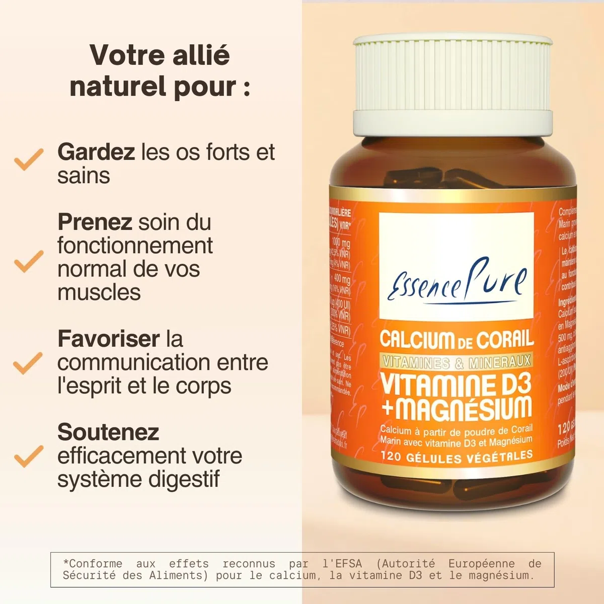 Calcium Vitamine D Essence Pure | Calcium de Corail Marin (1000 mg) + Vitamine D3 (400 UI) + Citrate de Magnésium (400 mg) | Os et Articulations Solides | 120 Gélules 2 Mois | Api-Nature