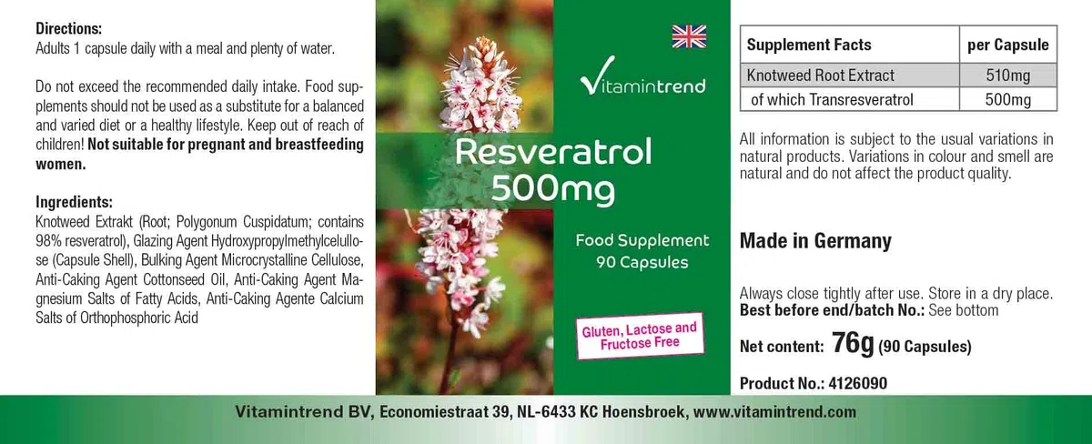 Vitamintrend Resvératrol 500 mg, 90 gélules d'extrait de renouée, hautement dosé, complément alimentaire végan sans stéarate de magnésium, fabriqué en Allemagne