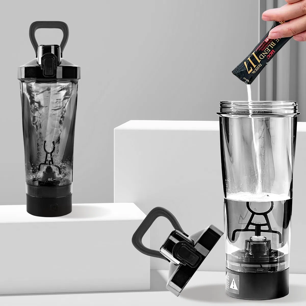 BORDEAG Shaker Électrique à Protéines USB - Bouteille de 600 ml pour Shakes Protéinés et Substituts de Repas (Noir)
