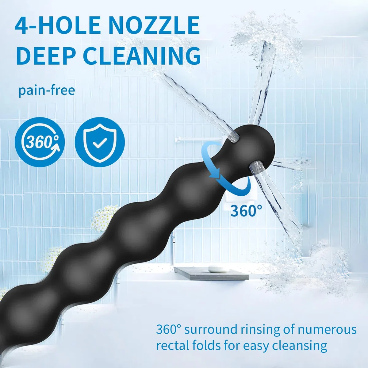 Set de Douche 4 Trous Pulvérisateur Lavement Tuyau Confort Silicone Buse Lavement Accessoire Femme Homme 58cm + 150cm Tuyau (Noir)