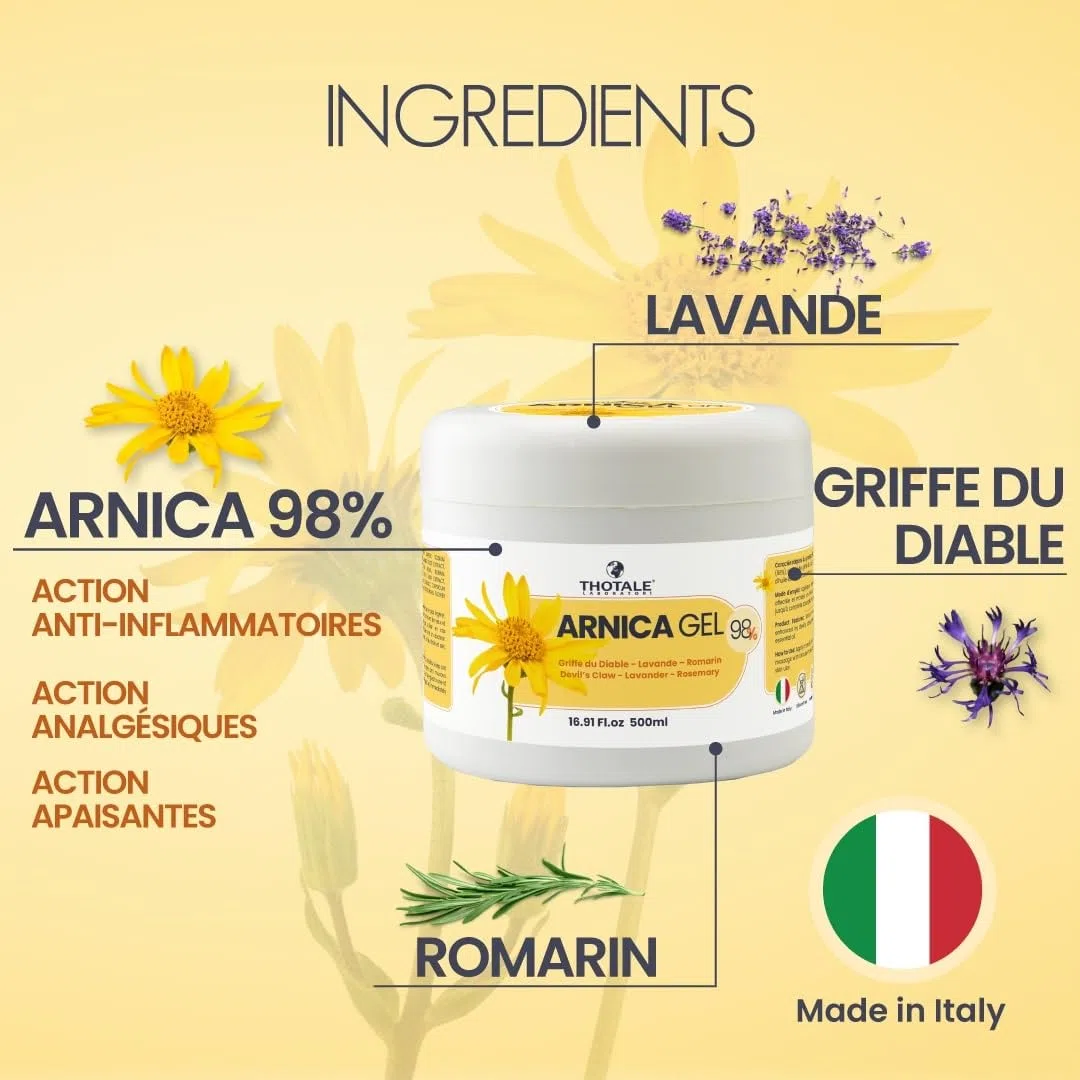 Arnica Gel Extra Fort 500 ml, Arnica Montana 98% plus Griffe du Diable, Effet Durable, Soulagement Immédiat pour les Douleurs Musculaires et Articulaires, Effet Rafraîchissant Non Gras, Made in Italy