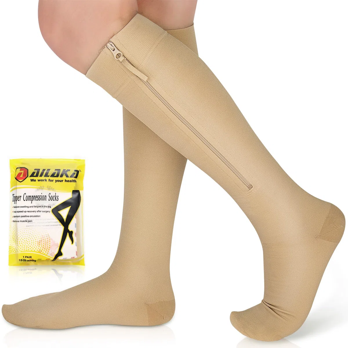 Ailaka Classe 1 Medicale Soutien Graduel Bas De Compression, Bas De Contention Homme Femme, 15-20mmhg Chaussettes de Compression Avec éclair Indiqué pour Voyages Jambes Enflées Course Vols
