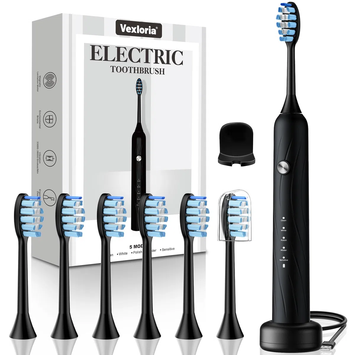 Vexloria Brosse a Dent Electrique Adulte Enfant avec 6 Têtes de Brosse, 5 Modes et Minuterie, IPX7 Brosse à Dents Électrique Ultrasons pour Femmes Hommes, Noir