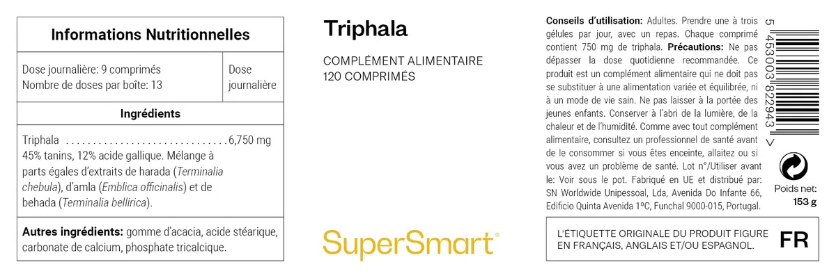 Triphala – Santé du Foie et Détox Intestinale - Complément Alimentaire Ayurvédique – Antioxydant Naturel en Comprimés – Detox foie et intestin - 120 comprimés – SuperSmart