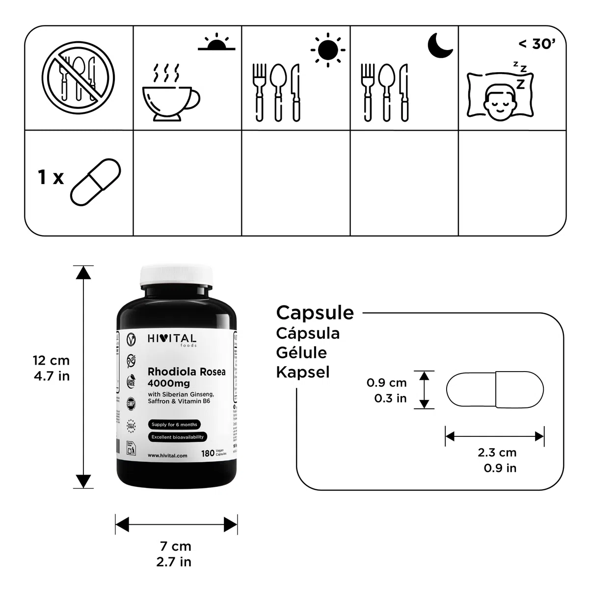 Rhodiola Rosea 4000 mg. 180 gélules végétaliennes pour 6 mois de traitement. Rhodiola avec 3% Salidrósides, avec Ginseng Sibérien, Safran et Vitamine B6. Fabriqué en Europe par HIVITAL