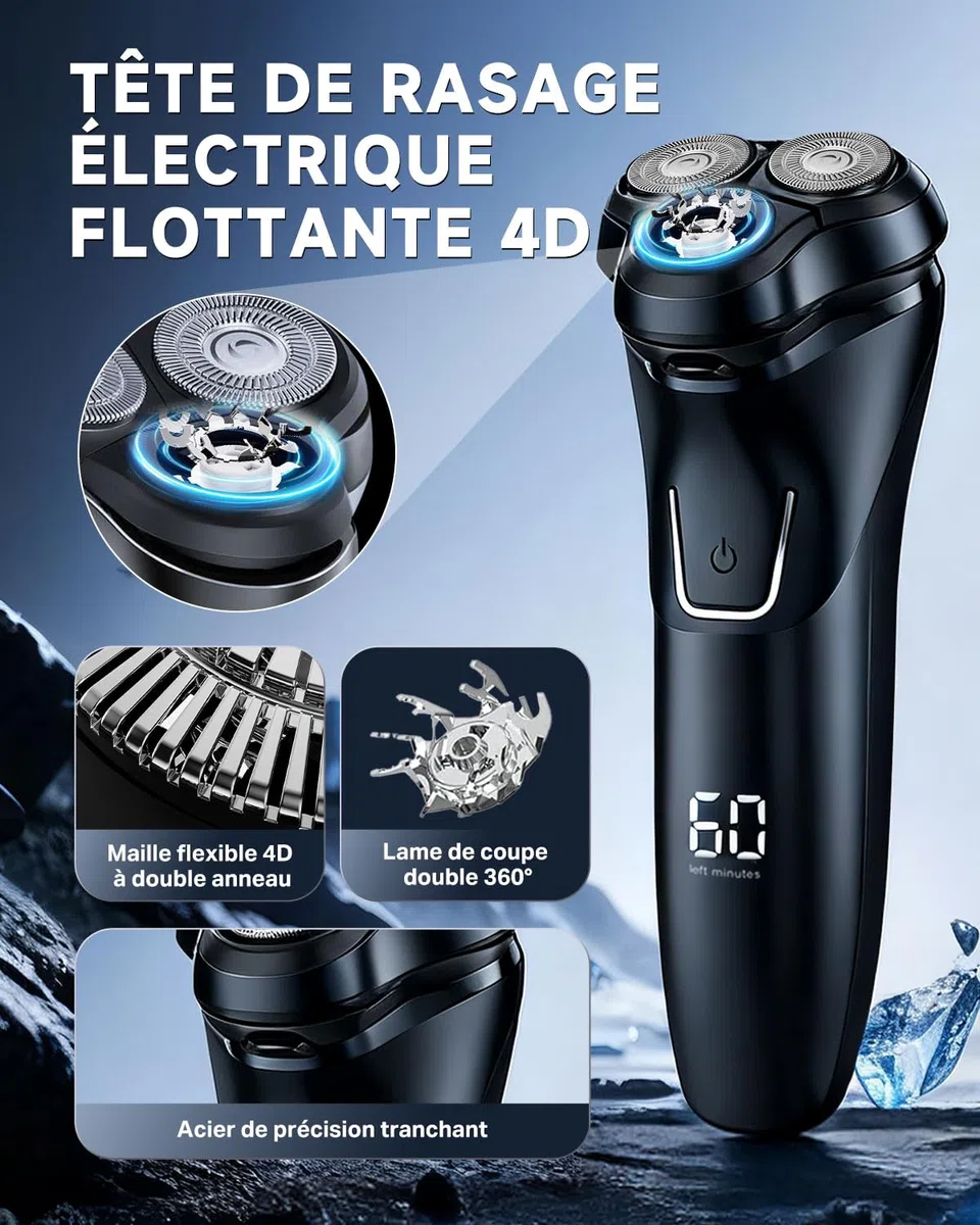 Rasoir Electrique Homme avec Écran LCD, IPX7 Étanche pour Rasage Sec et Humide, 4D Tête Flottante, 120 Min d'Autonomie, Rasoir Rechargeable avec Verrouillage de Voyage, Idéal pour Peau Sensible (Noir)