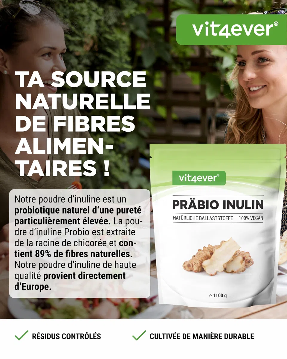 vit4ever Poudre d’Inuline Prébiotique - 1100 g (1,1 kg) - Haute Teneur en Fibres - Prébiotique - Contrôlé pour les Résidus - Origine Europe - Naturellement Issue de la Racine de Chicorée - 100% Végan