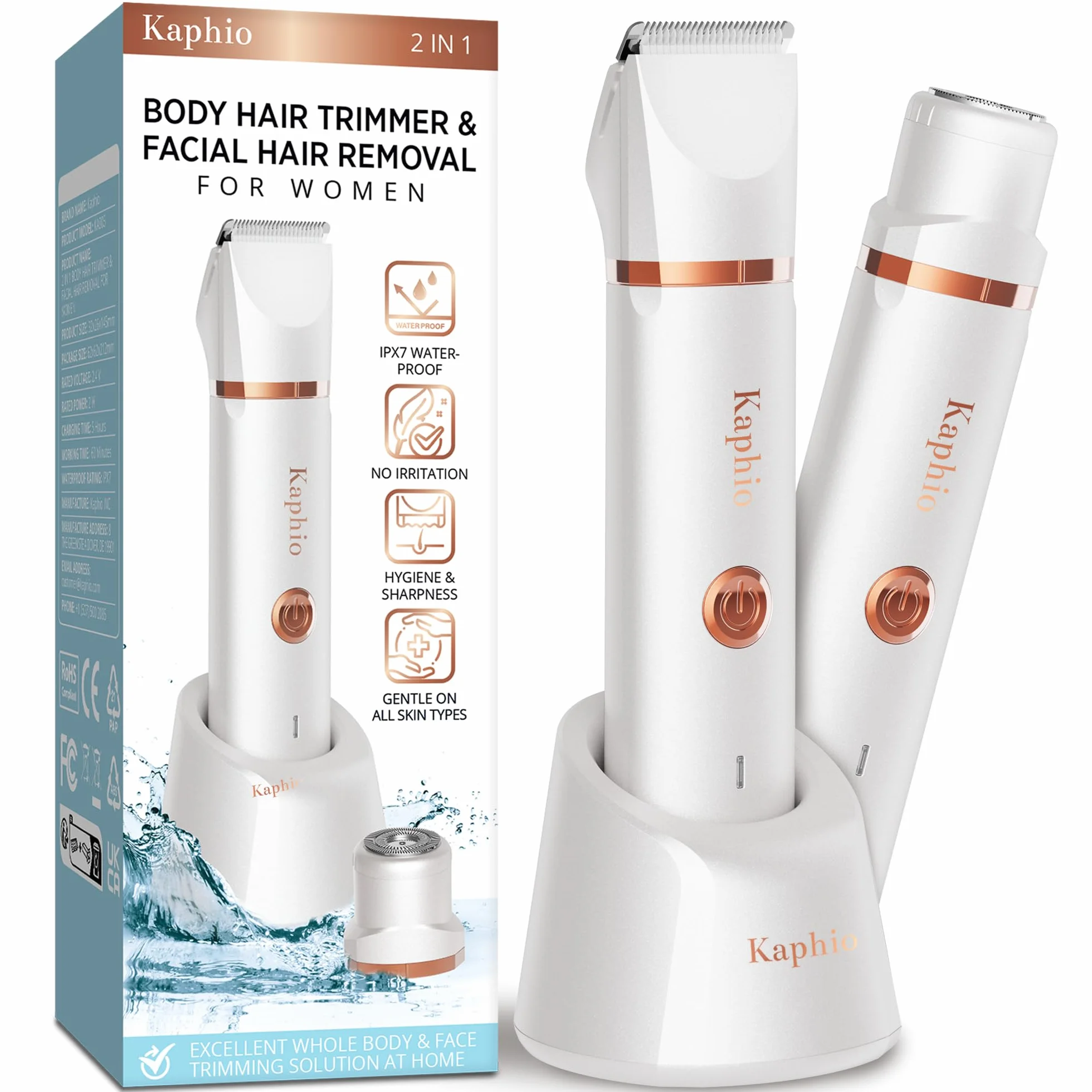 Tondeuse de bikini pour femmes : rasoirs életctriques 2 en 1 pour femmes – Rasoir életctrique rechargeable – Tondeuse de bikini étanche IPX7 pour aisselles, jambes, bras, corps (blanc perle)