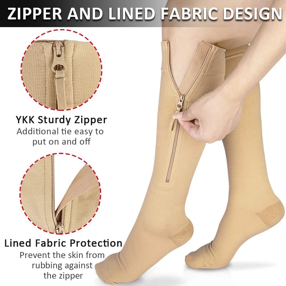 Ailaka Classe 1 Medicale Soutien Graduel Bas De Compression, Bas De Contention Homme Femme, 15-20mmhg Chaussettes de Compression Avec éclair Indiqué pour Voyages Jambes Enflées Course Vols